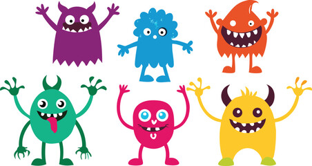 Naklejka premium A set of five cheerful, cartoon monsters in vibrant colors, perfect for children's designs.