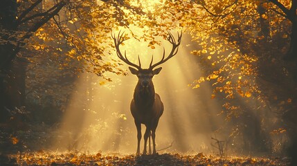 Majestic red deer stag in autumn forest, sun rays. (1)