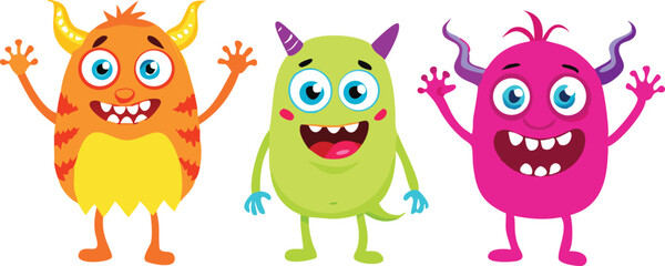 A set of five cheerful, cartoon monsters in vibrant colors, perfect for children's designs.