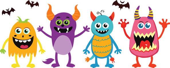 A set of five cheerful, cartoon monsters in vibrant colors, perfect for children's designs.