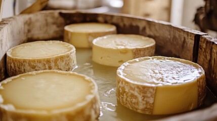 Wooden cheese aging in water, artisan dairy, traditional process