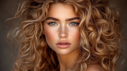 Obraz premium Close-up portrait of a young woman with long, curly blonde hair and blue eyes.