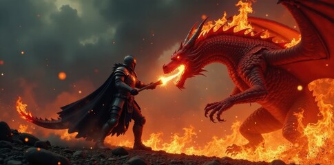 Dragon's fiery breath engulfing armored knight, armor, damage