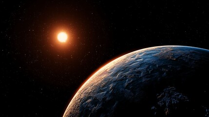 Fototapeta premium View of a planet with a sun rising in the cosmic expanse