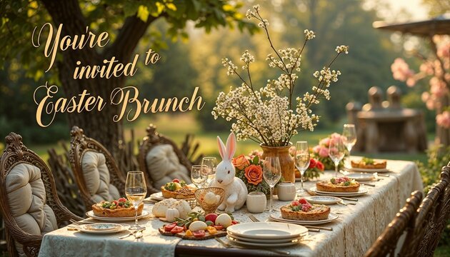 Elegant Easter Brunch Table with Flowers in a Sunny Garden  