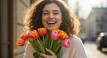 Happy woman holding colorful tulips outdoors  