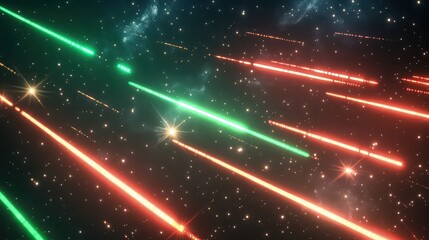 A rhythmic pattern of bright green and red lasers pulsating in sync, visible against a starry night sky.