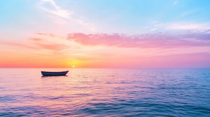 Calm sea at colorful sunrise. Small boat floats peacefully