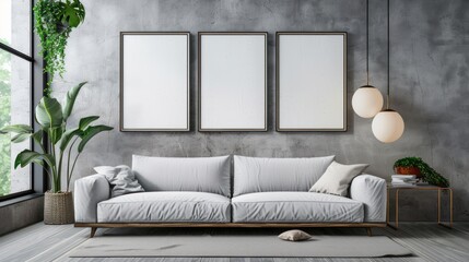 3D Rendering Modern office interior design with sofa and empty frame mock up template. AI generated 