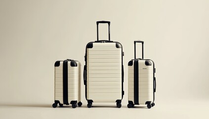 Stylish travel luggage set.  Three different sizes of lightweight, modern suitcases