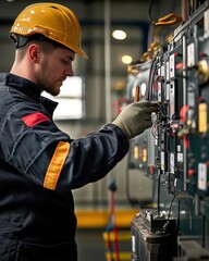 Focused Technician Inspecting Industrial Control Panel