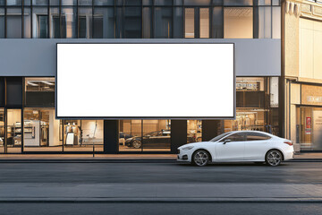 Fototapeta premium Large empty white billboard hanging on exterior wall of modern shopping center, perfect for advertising, commercial promotion or public information. Mockup. Copy space. Banner