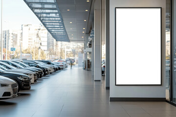 Large blank white banner hanging in car dealership showroom, ideal for advertising, promotional content, or information display. Mockup. Copy space.