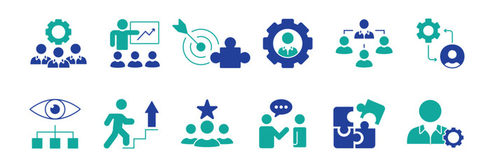 Manager icon set. Containing leadership, supervision, hiring, coaching, management, development, organization, teamwork and delegation icons. Solid icons collection. Vector illustration.