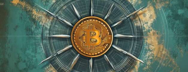 Fototapeta premium Digital trading wheel with Bitcoin hub on grid pattern background