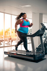 Weight Loss and Fitness Journey – Overweight Woman Running on a Treadmill in a Modern Gym for healthy life