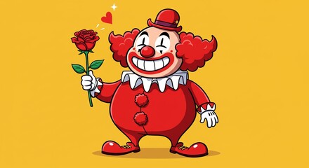 AI Generated Whimsical Cartoon Clown Holding Red Rose Love Gift Smiling Character Red Suit Hat Hearts Funny Illustration