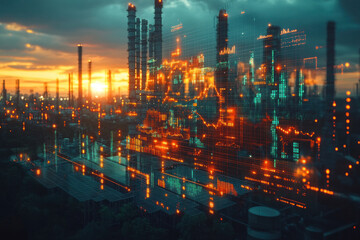 Digital energy visualization over a manufacturing and industrial landscape at sunset