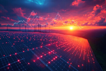 Solar power plant at sunset with futuristic digital energy analytics interface