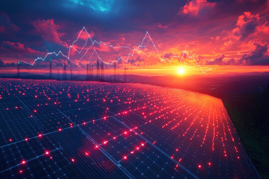 Solar power plant at sunset with futuristic digital energy analytics interface