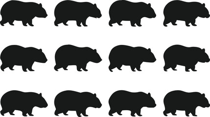 A collection of black silhouette images of wombats, presented in various side-view profiles.