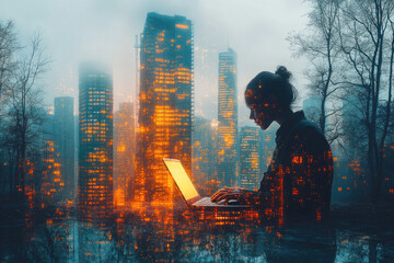 Ethereal double exposure of a woman coding amid a vibrant cityscape