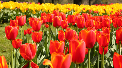A collection of variously colored tulips in a well-lit setting, offering charming and diverse...