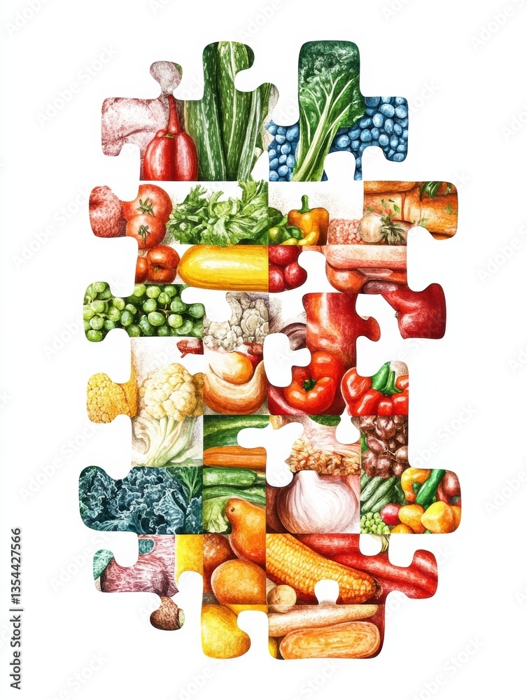 Aufkleber Fresh groceries create a colorful puzzle representing a complete shopping experience with vibrant and modern design elements