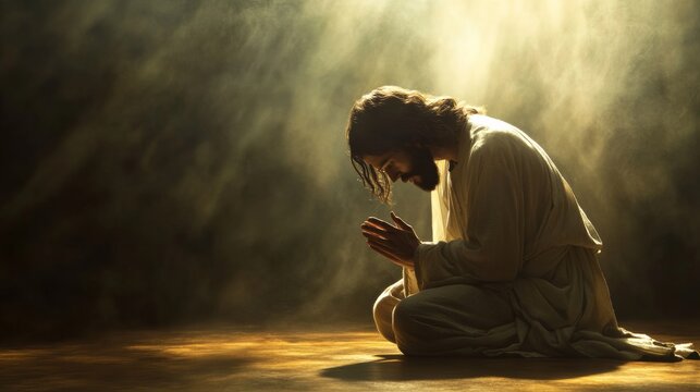 A serene and sacred depiction of Jesus kneeling on the floor in a humble posture, praying with hands clasped and head gently bowed. - Powered by Adobe