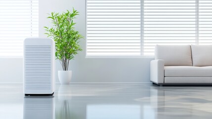 A modern living space featuring a white air purifier, a potted plant, and a cozy sofa near large windows with blinds.