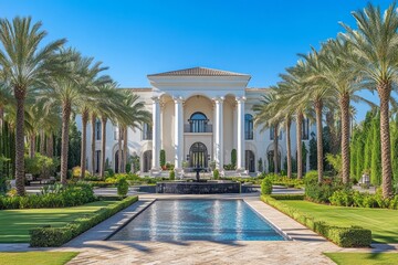Obraz premium Extravagant mansion features classical architecture palm trees and reflecting pool