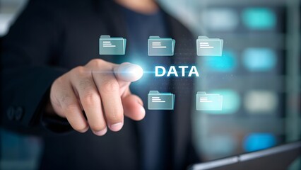 Fototapeta premium Computer and dashboard for data business analysis and Data Management System with KPI and database for technology finance, operations, sales, digital marketing