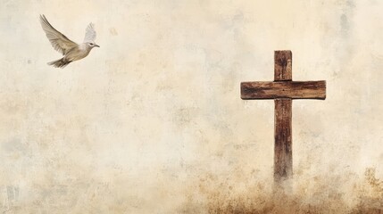 Watercolor Illustration of a Christian Cross and Dove of Peace