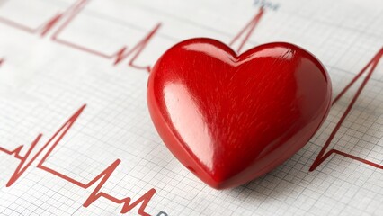 A red heart rests on an electrocardiogram (EKG) tracing.