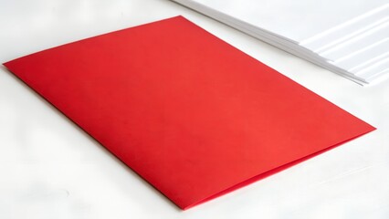 A solid red sheet of paper lies on top of a stack of white paper.