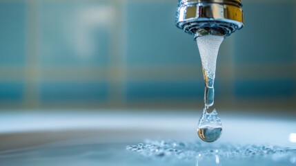 Close-up of a Water Drop Falling from a Chrome Faucet into a Sink