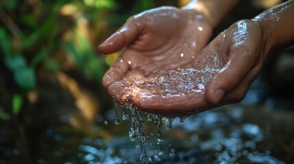 Fototapeta premium Cupped Hands Catching Flowing Water in Lush Green Nature