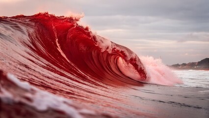 A striking and surreal image of a vibrant red wave crashing onto the shore.