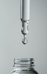 Clear liquid drop descends from pipette into glass jar under soft light in a serene setting
