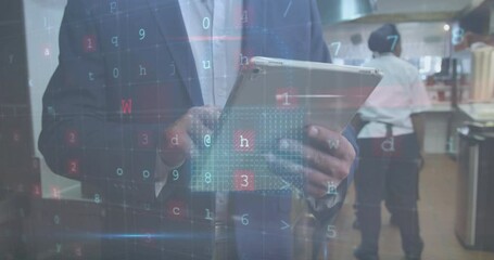 Businessman using tablet with warning text animation over restaurant kitchen scene