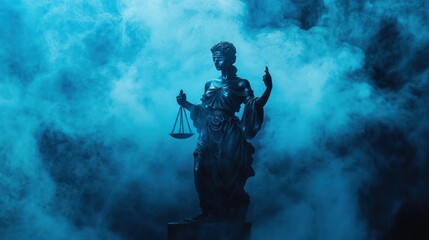 Lady Justice statue, dramatic blue smoke background. Stock photo