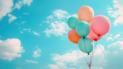 Obraz premium Colorful Balloons Floating Against a Clear Blue Sky with Whimsical Clouds for Festive Celebrations and Joyous Occasions