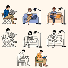 People Reading in Various Poses &ndash; Minimalist Line Art