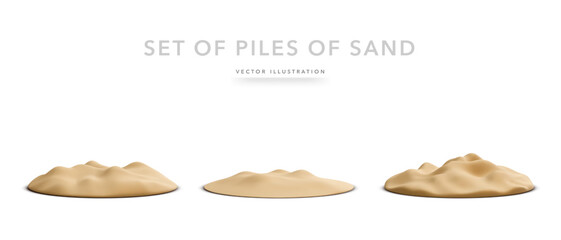 Set of piles of sand in 3d realistic style isolated on white. Vector illustration