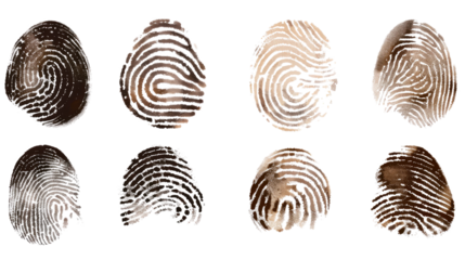 Fingerprint Variety: Detailed macro shot showcasing diverse fingerprint patterns, illustrating uniqueness, identification, and the intricate details of human biology.