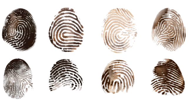 Fingerprint Variety: Detailed macro shot showcasing diverse fingerprint patterns, illustrating uniqueness, identification, and the intricate details of human biology.