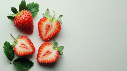 Fresh strawberries with vibrant red color, sliced half, showcasing their juicy interior, surrounded by green leaves, evoke sense of summer delight