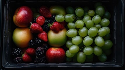 Fresh fruit assortment in a box.  Vibrant mix of apples, strawberries, blackberries, and grapes.  Perfect for a healthy snack or meal prep