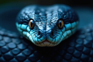 Obraz premium Scaled face of blue viper snake, showing piercing gaze and sharp fangs, venomous, wildlife, reptilian