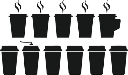 A set of black silhouettes of disposable coffee cups, various sizes, with steam rising from the top.